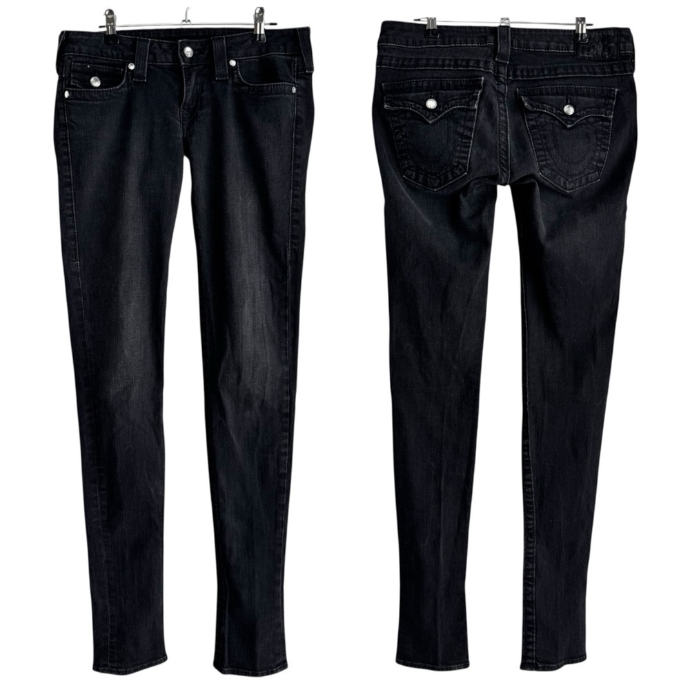 True Religion Y2K Skinny Jeans Rhinestone Sz 29/35 Black Low Rise Stretch USA